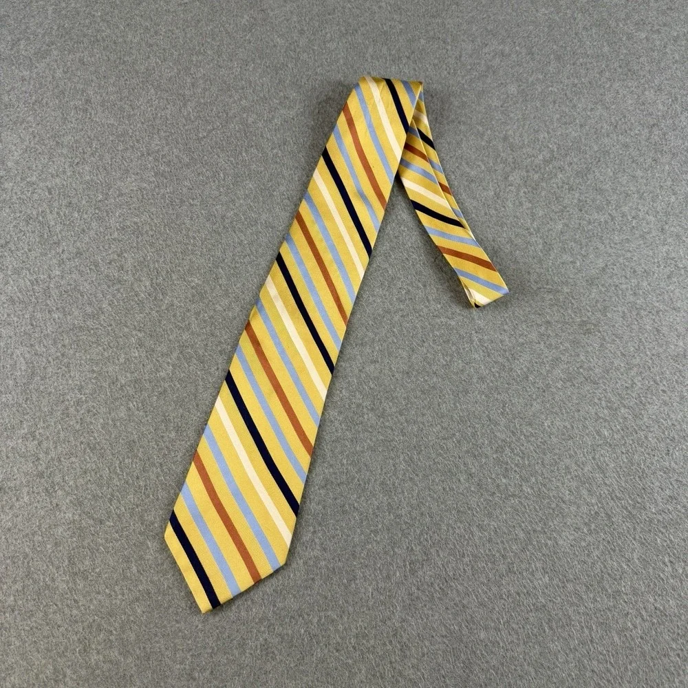 Vintage IZOD Silk Striped Necktie Yellow Blue Brown White Korea 58x3.75